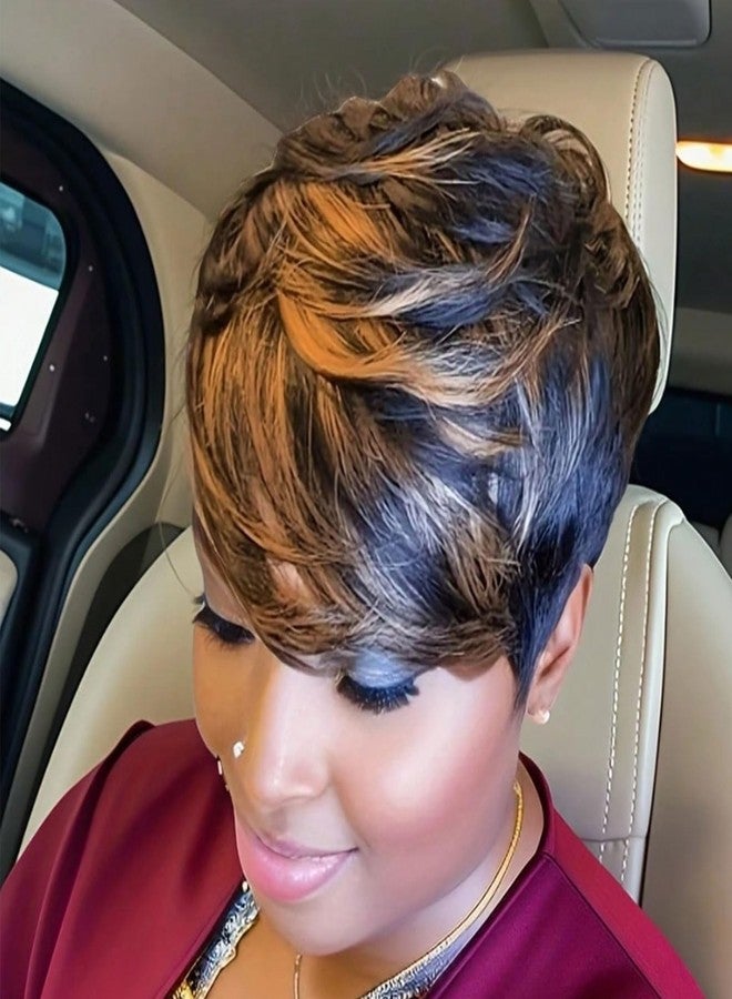 MOONSHOW Short Wigs for Black Women Brown Pixie Cut Wig Short Straight Pixie Hair Wig for Women 1B/30 Colored Layered Synthetic Auburn Brown Pixie Haircut Wigs for Black Women - Image 1